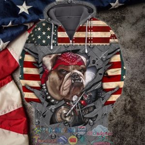 4Th Of July Independence Day American Flag Bulldog Biker 3D Hoodie