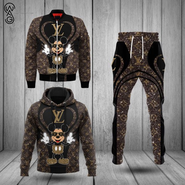 Combo Louis Vuitton And Mickey Glitter Hoodie Bomber Jacket And Pants