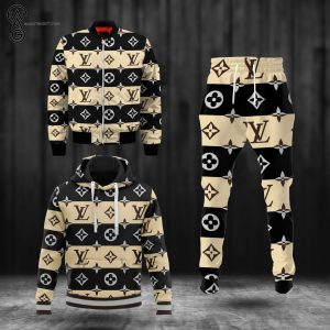 Combo Louis Vuitton Black And Cream Hoodie Bomber Jacket And Pants