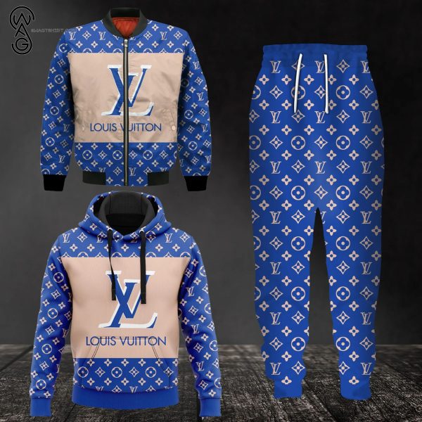 Combo Louis Vuitton Blue Cream Symbol Hoodie Bomber Jacket And Pants