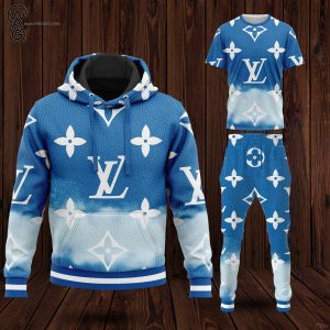 Combo Louis Vuitton Classic Logo Sky Blue Hoodie Bomber Jacket And Pants