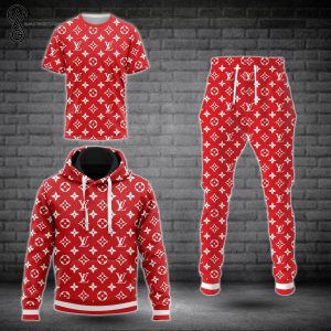 Combo Red Louis Vuitton Classic Logo Hoodie Bomber Jacket And Pants