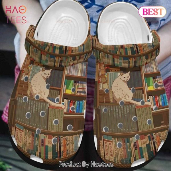 Crocs Bookshelf And White Cat Gift For Lover Rubber Crocs Clog Shoes Comfy Footwear