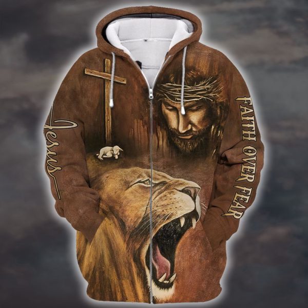 Jesus And Lion Faith Over Fear 3D Hoodie