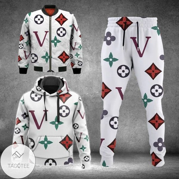 Louis Vuitton Brand Big Logo Over Printed White Hoodie And Pants