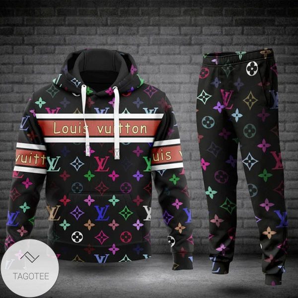 Louis Vuitton Brand Logo Over Printed Black Hoodie And Pants