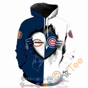 Mlb Chicago Cubs Nfl Chicago Bears Ripped Heart Hoodie 3D