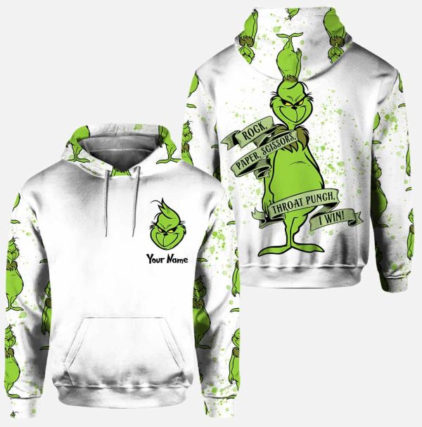 Personalized Grinch Rock Paper Scissors I Win 3D Hoodie