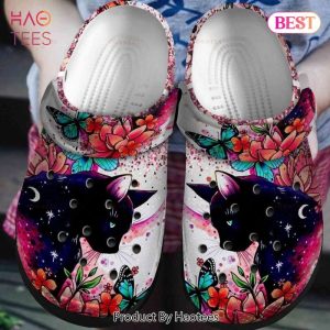 Romantic Black Cat Tropical Flower Gift For Lover Rubber Crocs Clog Shoes Comfy Footwear