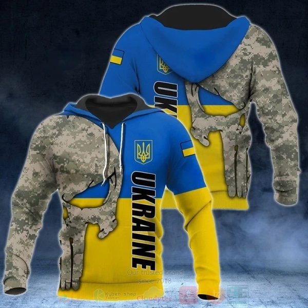 Ukraine Flag Camo Apparel Support Military I Stand With Ukraine Skull 3D Hoodie